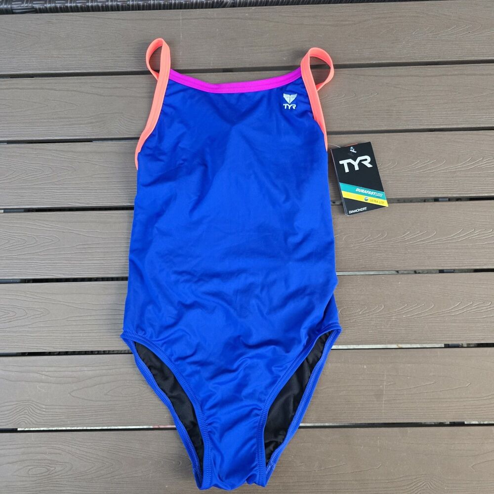 TYR Women's Durafast Solid Brite Diamondfit Swim Royal/Fuschia/orange Sz 34 New
